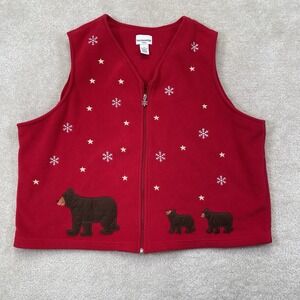 Breckenridge Holiday Sweater Vest Women's Size 3X Red Bear Snowflake Zip Up